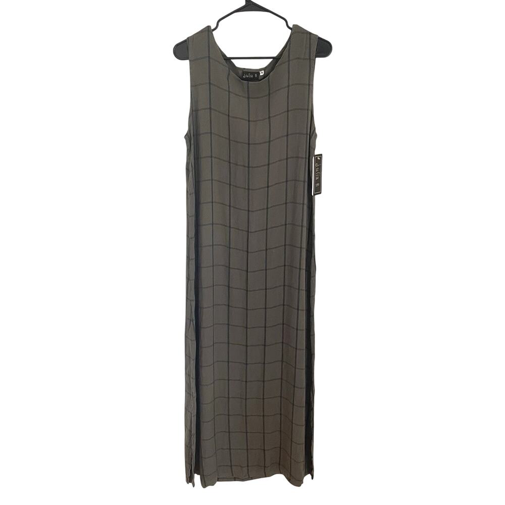 NWT Maxi Dress XL Gray Windowpane Plaid Tencel‎ Sleeveless Side Slit Minimalist